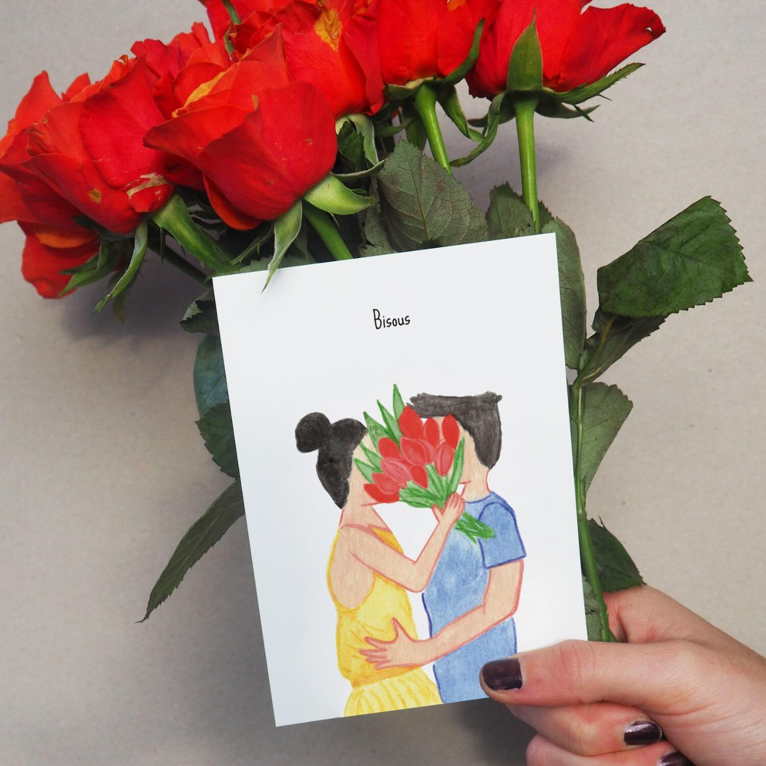 Valentijnskaart - kussend achter bloemen